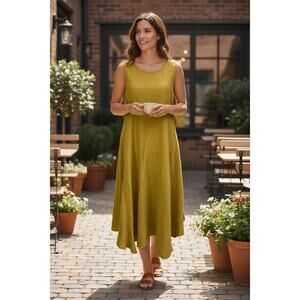 Vanessa Zani Sz M 100% Linen Sleeveles Handkerchief Hem Fit and Flare Midi Dress